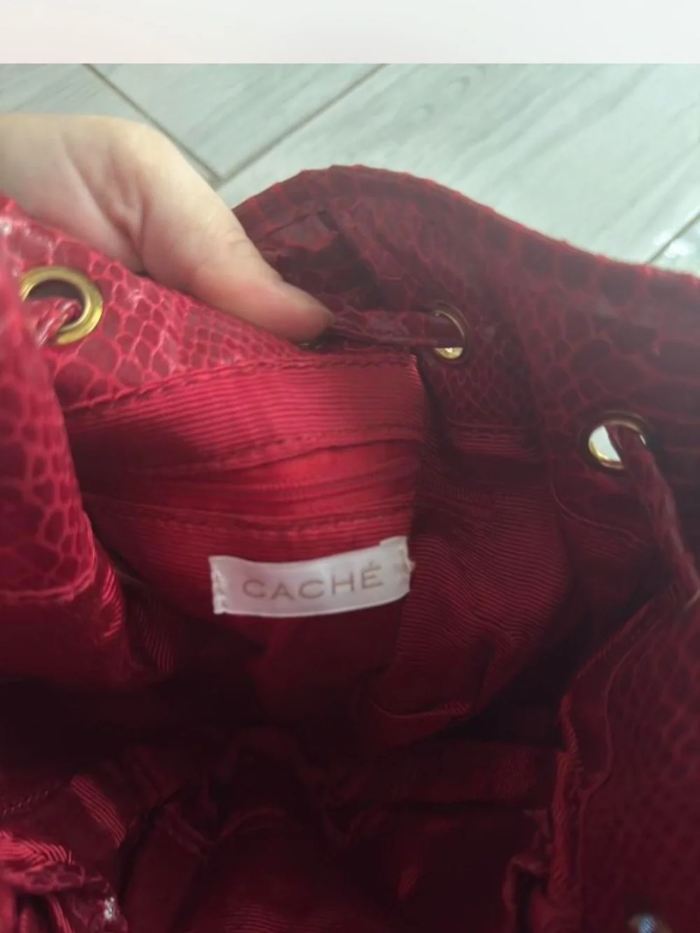 Cache Red Textured Drawstring Mini Bag with Gold Chain - Picture 4 of 8